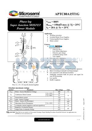 APTC80A15T1G datasheet - Phase leg Super Junction MOSFET Power Module