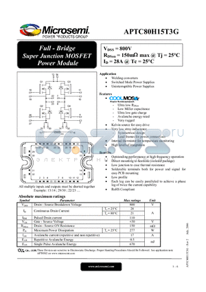 APTC80H15T3G datasheet - Full - Bridge Super Junction MOSFET Power Module