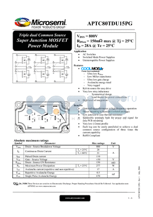 APTC80TDU15PG datasheet - Triple dual Common Source Super Junction MOSFET Power Module