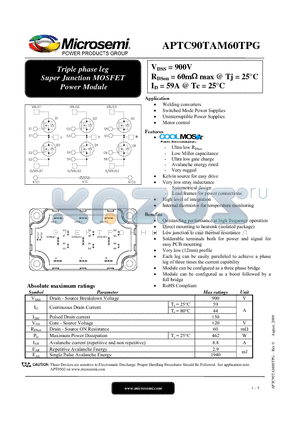 APTC90TAM60TPG datasheet - Triple phase leg Super Junction MOSFET Power Module