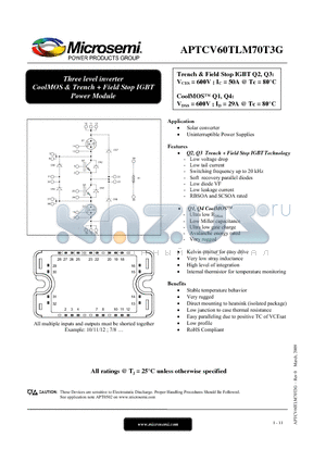 APTCV60TLM70T3G datasheet - Three level inverter CoolMOS & Trench  Field Stop IGBT Power Module