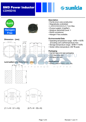 CDH5D16HF-100MC datasheet - SMD Power Inductor