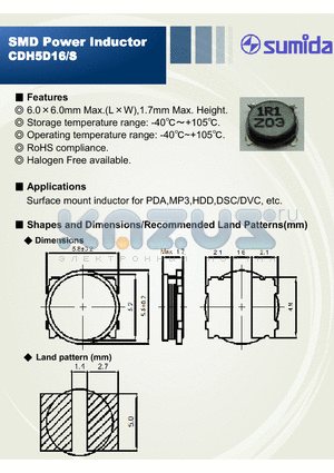 CDH5D16SHF-1R5MC datasheet - SMD Power Inductor SMD Power Inductor