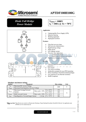 APTDF100H100G datasheet - Diode Full Bridge Power Module