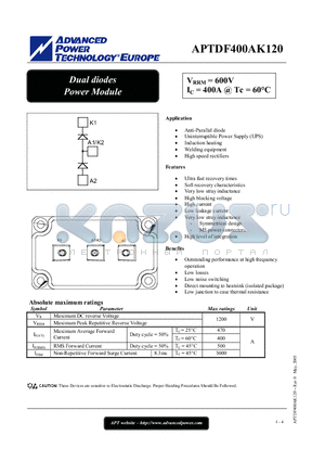 APTDF400AK120 datasheet - Dual diodes Power Module