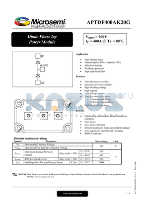 APTDF400AK20G datasheet - Diode Phase leg Power Module