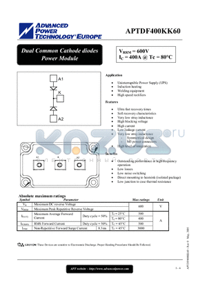 APTDF400KK60 datasheet - Dual Common Cathode diodes Power Module