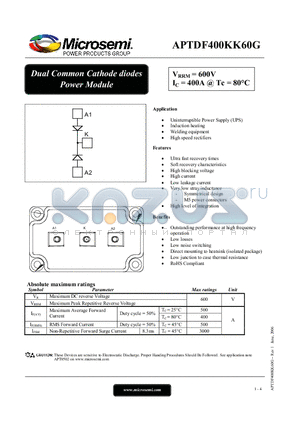 APTDF400KK60G datasheet - Dual Common Cathode diodes Power Module