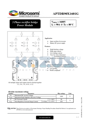 APTDR90X1601G datasheet - 3 Phase rectifier bridge Power Module