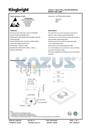 APTF3216SURKCGKPBAC datasheet - 3.2mm x 1.6mm FULL-COLOR SURFACE MOUNT LED LAMP