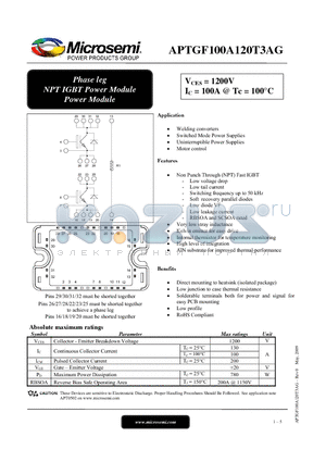 APTGF100A120T3AG datasheet - Phase leg NPT IGBT Power Module Power Module