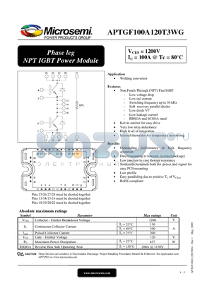 APTGF100A120T3WG datasheet - Phase leg NPT IGBT Power Module