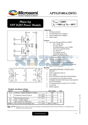 APTGF100A120TG datasheet - Phase leg NPT IGBT Power Module