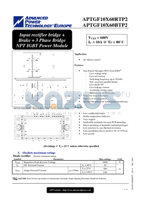 APTGF10X60RTP2 datasheet - Input rectifier bridge  Brake  3 Phase Bridge NPT IGBT Power Module