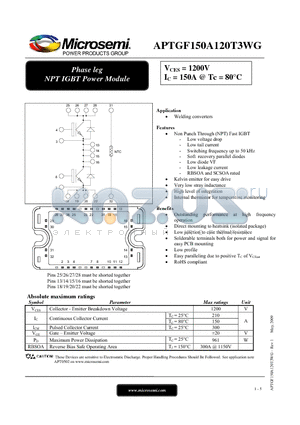 APTGF150A120T3WG datasheet - Phase leg NPT IGBT Power Module