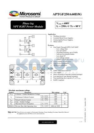 APTGF250A60D3G datasheet - Phase leg NPT IGBT Power Module
