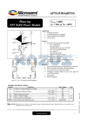 APTGF30A60T1G datasheet - Phase leg NPT IGBT Power Module