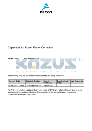 B25667A4287A375 datasheet - Capacitors for Power Factor Correction