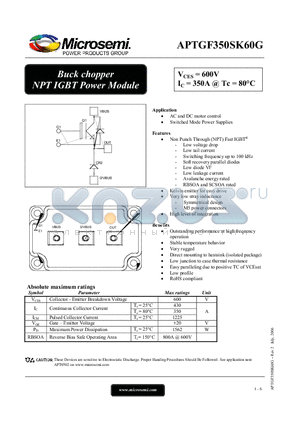 APTGF350SK60G datasheet - Buck chopper NPT IGBT Power Module