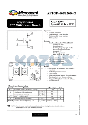 APTGF400U120D4G datasheet - Single switch NPT IGBT Power Module