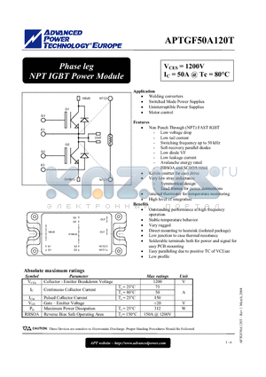 APTGF50A120T datasheet - Phase leg NPT IGBT Power Module