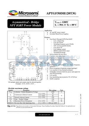 APTGF50DH120T3G datasheet - Asymmetrical - Bridge NPT IGBT Power Module