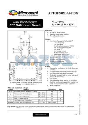 APTGF50DDA60T3G datasheet - Dual Boost Chopper NPT IGBT Power Module