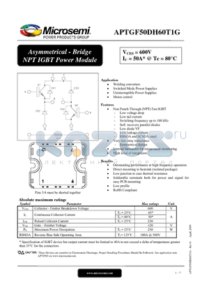 APTGF50DH60T1G datasheet - Asymmetrical - Bridge NPT IGBT Power Module