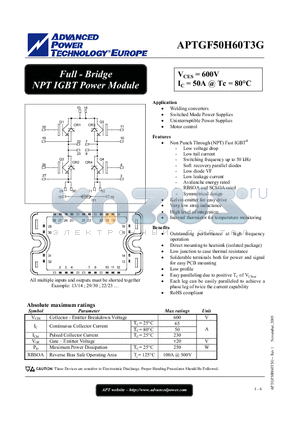 APTGF50H60T3G datasheet - Full - Bridge NPT IGBT Power Module