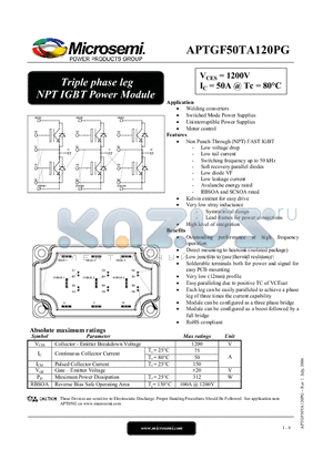 APTGF50TA120PG datasheet - Triple phase leg NPT IGBT Power Module