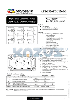 APTGF50TDU120PG datasheet - Triple dual Common Source NPT IGBT Power Module