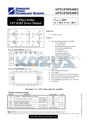 APTGF50X60P2 datasheet - 3 Phase bridge NPT IGBT Power Module