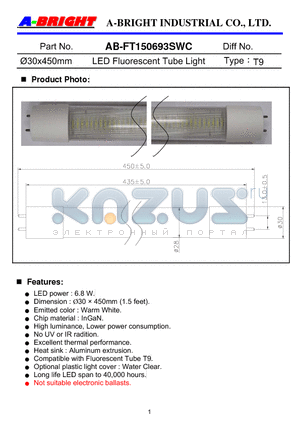 AB-FT150693SWC datasheet - 30x450mm LED Fluorescent Tube Light