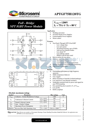 APTGF75H120TG datasheet - Full - Bridge NPT IGBT Power Module