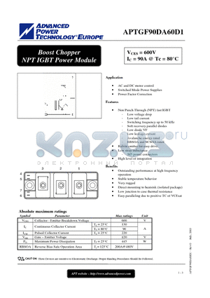 APTGF90DA60D1 datasheet - Boost Chopper NPT IGBT Power Module