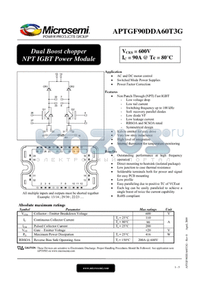 APTGF90DDA60T3G datasheet - Dual Boost chopper NPT IGBT Power Module