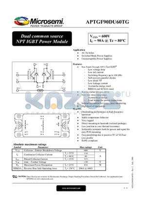 APTGF90DU60TG datasheet - Dual common source NPT IGBT Power Module