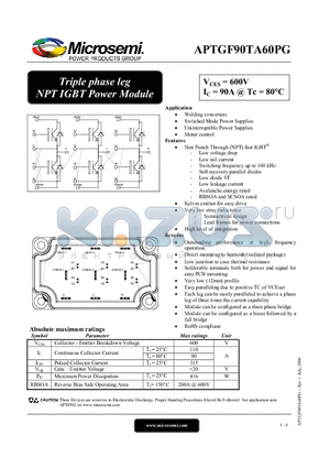 APTGF90TA60PG datasheet - Triple phase leg NPT IGBT Power Module