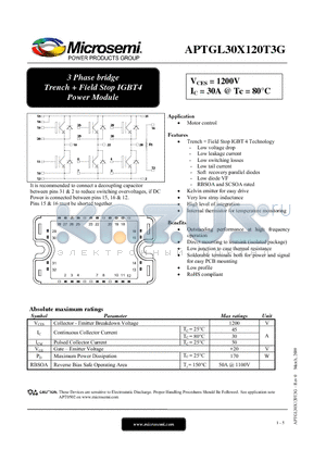 APTGL30X120T3G datasheet - 3 Phase bridge Trench  Field Stop IGBT4 Power Module