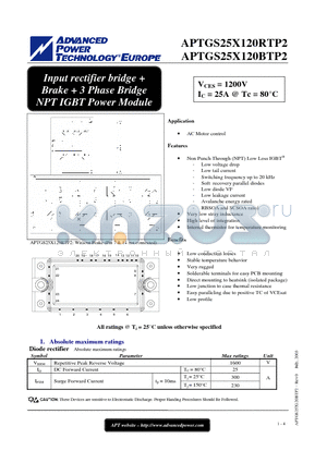 APTGS25X120BTP2 datasheet - Input rectifier bridge  Brake  3 Phase Bridge NPT IGBT Power Module