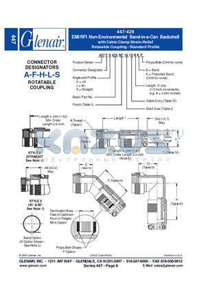 447AH425NF22 datasheet - EMI/RFI Non-Environmental Band-in-a-Can Backshell with Cable Clamp Strain-Relief
