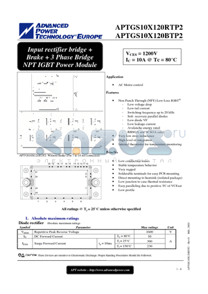 APTGS10X120BTP2 datasheet - Input rectifier bridge  Brake  3 Phase Bridge NPT IGBT Power Module