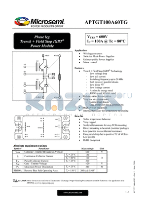 APTGT100A60TG datasheet - Phase leg Trench  Field Stop IGBT Power Module