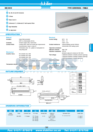 DBCDINF64RARA3 datasheet - DIN 41612 TYPE R (REVERSED) - FEMALE