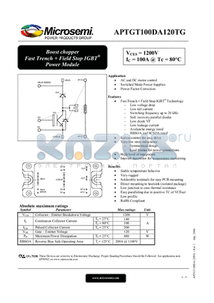 APTGT100DA120TG datasheet - Boost chopper Fast Trench  Field Stop IGBT Power Module