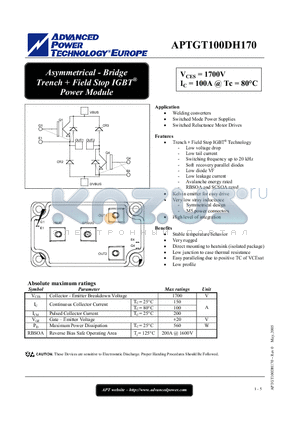 APTGT100DH170 datasheet - Asymmetrical - Bridge Trench  Field Stop IGBT Power Module