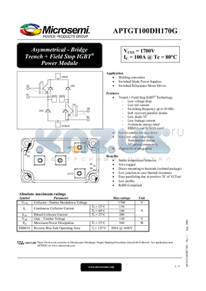 APTGT100DH170G datasheet - Asymmetrical - Bridge Trench  Field Stop IGBT Power Module