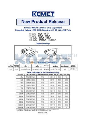 C1206C27411RAC datasheet - Surface Mount Ceramic Chip Capacitors Extended Values 1206, X7R Dielectric, 25, 50, 100, 200 Volts