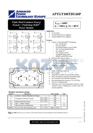 APTGT100TDU60P datasheet - Triple Dual Common Source Trench  Field Stop IGBT Power Module