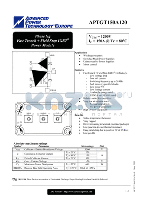 APTGT150A120 datasheet - Phase leg Fast Trench  Field Stop IGBT Power Module